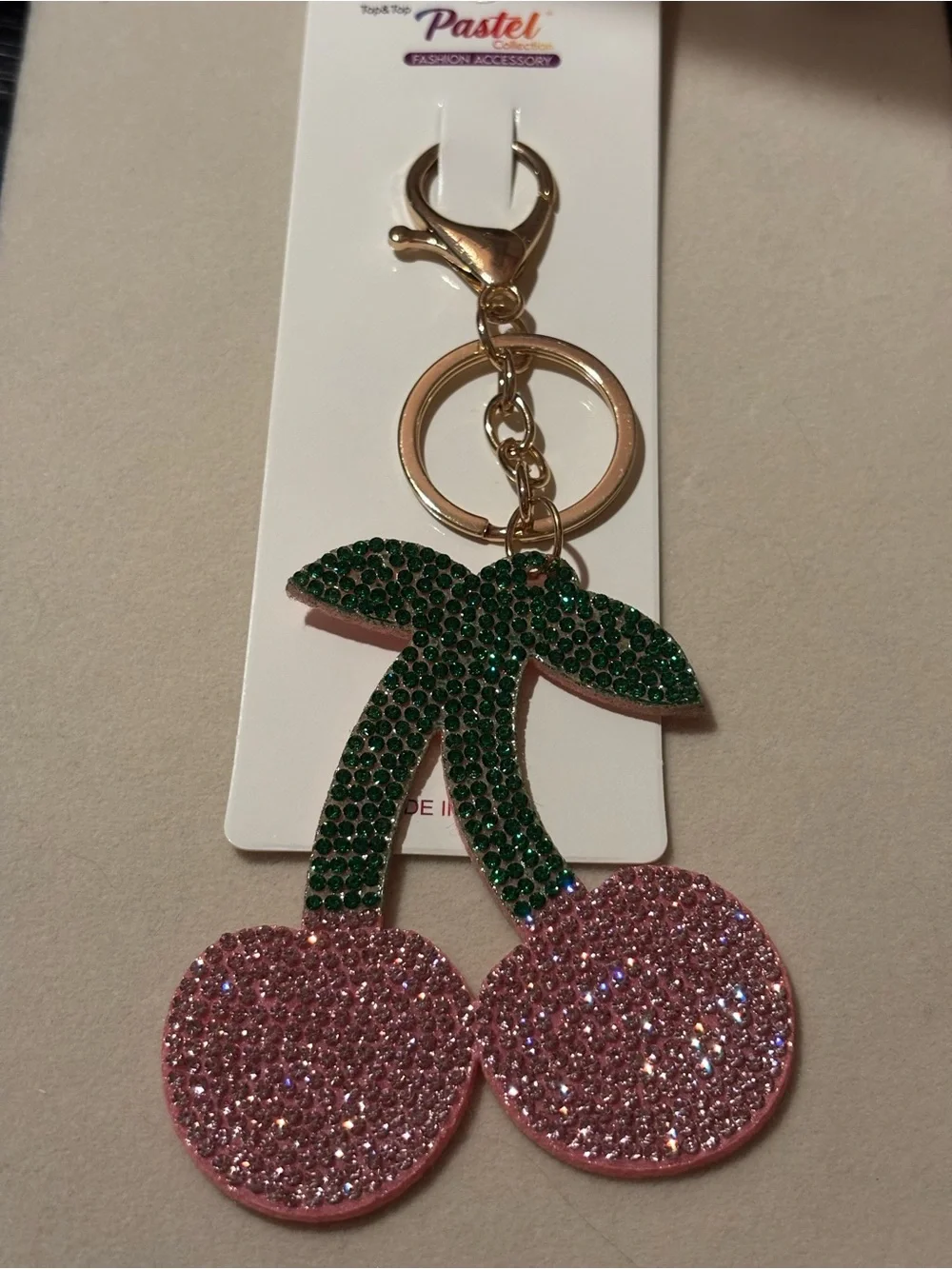 Pink & Green Rhinestone Cherry Keychain